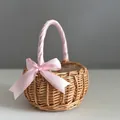 Small round hand-woven wicker flower basket with decorative pink satin ribbon handle - Pink Ribbon Bow / Extra Small Diameter 11cm