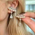 Elegant vintage silver ear cuff decorated with pearls and teardrop zirconia for non-pierced ears - Silver Artificial Pearl & Waterdrop Zirconia (A-1037)