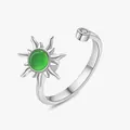 Silver rotating sunflower stress relief open ring with vibrant green center stone - White Gold (Green) / Adjustable Open
