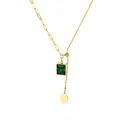 Detail of asymmetrical 18K gold stainless steel necklace with green rectangular gem - Asymmetric Paperclip Chain Emerald Zirconia (G124305)