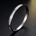 Silver stainless steel bangle with baguette zircons and clover engraving details - Silver Clover Zirconia Style (44乙-E-5)
