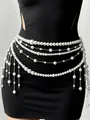 Elegant white multi-layered faux pearl waist chain with fringe tassel for dresses - Silver-White (7136)