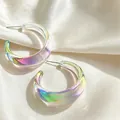 Elegant iridescent clear resin C-shaped hoop earrings on soft white satin background - 08 Iridescent (M-372)
