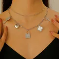 Punk style silver multi-layer necklace with lock, heart and clover charms - Silver-Toned Western Punk Multi-Element Necklace (White K 4208)
