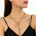 Punk style chunky gold chain necklace featuring keyhole and key charm pendants - Gold-Tone Western Punk Keyhole & Key Chunky Chain Necklace (KC Gold A-1250)