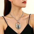 Punk style chunky chain necklace featuring a silver textured padlock pendant for women - Silver Tone Punk Hammered Large Lock Chunky Chain Necklace (White K A-894)