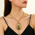 Punk style chunky gold chain necklace with hammered texture lock pendant - Gold Tone Punk Style Hammered Large Lock Pendant Chunky Chain Necklace (KC Gold A-896)