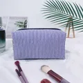 Large capacity blue and white striped seersucker toiletry bag for travel storage - Navy Blue (Regular Zipper)