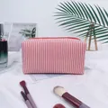 Large capacity red and white striped seersucker cosmetic bag for travel and daily makeup storage - Red (Regular Zipper)