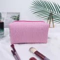 Large pink and white striped seersucker makeup bag for travel and skincare tools - Rose Red (Regular Zipper)