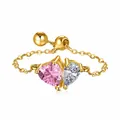Adjustable gold chain ring featuring sparkling pink and clear heart-shaped zircon stones - Adjustable / Gold-Double Heart-Pink & White