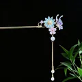 Eleganter chinesischer Haarstab mit Schmetterling, blauer Blume und langer Perlenquaste - Orchidee und Schmetterling Quasten-Stil (2629)