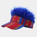 Close-up detail of sports fan visor hat featuring blue wig and FC Barcelona logo pattern - Adjustable / Royal Blue Wig FC Barcelona Team Badge Style (29#色)