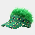 Brazil flag pattern visor cap featuring vibrant green synthetic wig hair on top - Adjustable / Bright Green Wig Brazil Flag Style (27#色)