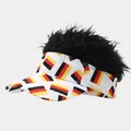 Fun sun visor hat featuring a black wig and German flag pattern for sports events - Adjustable / Black Wig Germany Flag Style (23#色)
