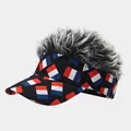 Funny sun visor hat with grey synthetic wig hair and French flag pattern for costume parties - Adjustable / Gray-White Wig French Flag Style (22#色)