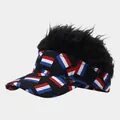 Detailed side view of a creative visor hat with black wig hair and flag patterns - Adjustable / Black Wig FR/NL Flag Colorway Style (20#色)