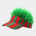 Detail view of a visor cap with vibrant green wig hair and red-green striped pattern. - Adjustable / Green Wig Portugal Colorway Style (17#色)
