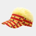 Novelty yellow wig sun visor hat with bold red and yellow striped fabric design - Adjustable / Yellow Wig Spanish Crest Emblem Style (18#色)