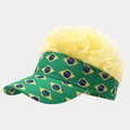 Fun Brazil flag print visor cap with shaggy blonde fake hair wig for festive occasions - Adjustable / Bright Yellow Wig Brazil Flag Style (28#色)