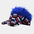 Novelty sun visor hat featuring a vibrant blue faux fur wig and Russian flag print - Adjustable / Blue Wig Russian Flag Style (25#色)