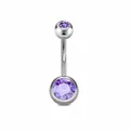 Curved stainless steel belly button ring featuring double faceted purple zirconia stones. - Mauve