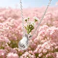 Silver vase pendant necklace with delicate white flowers on a pink floral background - 17 Silver N-137 (necklace Without Floral Pattern)