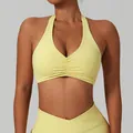 Soutien-gorge de sport jaune à licou pour le yoga et les entraînements de fitness de pro - S / Brassière dos nu froncée / Jaune