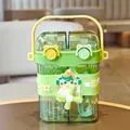 Green cartoon cow dual-compartment water bottle with straw and portable handle for kids - 750ml / Green (8839)