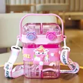 Cute cartoon pink dual-compartment water bottle with carry strap and straws for kids - 750ml / Pink (8839)