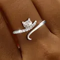 Elegant silver-toned open adjustable cat ring with sparkling pavé cubic zirconia - Silver Geometric Cat