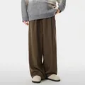 High-waist brown wide-leg drape casual trousers in American retro style for men - S / Brown