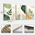 Set of 3 botanical canvas wall art details showing dimensions, wood frame, and hooks. - Abstract Line Plant Style (24Y30088)
