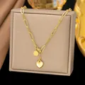 Elegant gold plated paperclip chain necklace with polished heart and small disc pendants - Embossed Round Plate (AH658) / Gold