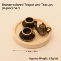 Set da tè in miniatura in rame per casa delle bambole, 4 pezzi - Vassoio in Legno + Set da Tè in Bronzo