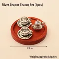 Miniature 4-piece silver dollhouse tea set with teapot and cups for DIY decoration - Wood Tray + Silver Tea Set