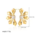 Detailed view of 18k gold stainless steel flower earrings with pearl center and measurements - Petal Shaped Artificial Pearl (22930)