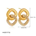 Gold stainless steel interlocking circle earrings with ribbed texture and faux pearls - Overlapping Double Ring Artificial Pearl (22931)