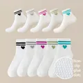 White mesh baby floor socks featuring non-slip grip and colorful heart patterns set - Solid Striped Heart Socks / 5 Pairs / Set A / 8mo-2yr XS (Foot 9-12cm)