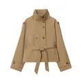 Detailed view of a khaki short trench coat with double-breasted buttons and waist tie. - S / Khaki