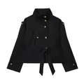 Detailed view of a stylish black double-breasted short trench coat with a waist belt. - S / Tops / Black