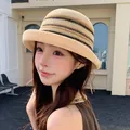 Stylish beige straw sun hat with horizontal black stripes for women's beach vacation - Striped Beige With Curled Edges