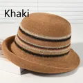 Women's stylish khaki straw sun hat with decorative stripes for summer beach vacations - Striped Curled Khaki