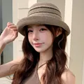 Sweet brown knitted bucket hat for women perfect for seaside beach holiday sun protection - Striped Curled Edge Mocha