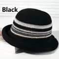 Sweet black knitted sun hat with grey horizontal stripes for summer beach vacation outdoor - Striped Curled Black