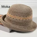 Elegant mocha colored knitted bucket hat featuring a decorative diamond geometric pattern for summer - Wave-shaped Mocha