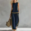 Elegante conjunto de dos piezas azul marino para mujer, top sin mangas y pantalón ancho. - Azul marino / S