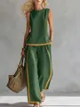 Conjunto chic de top sin mangas verde y pantalones anchos con ribete amarillo elegante - S / Top Y Pantalón / Verde