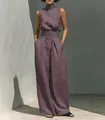 Full-body view of a mauve linen blend sleeveless top and wide-leg trousers set - Light Purple