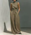 Elegant olive green cotton-linen sleeveless high-neck top and wide-leg trousers set - Tea Brown / S